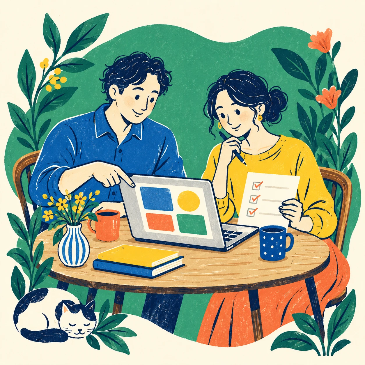 パソコンとメモを見ながら、仕事の進め方を一緒に考える二人のイラスト