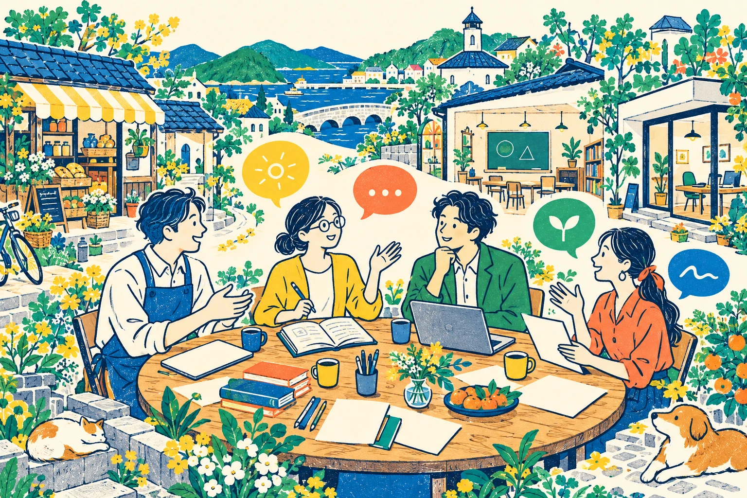 お店、教室、小さな会社で働く人たちが、ひとつのテーブルを囲んで話すオリジナルイラスト